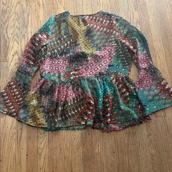 Antilia Femme Semi Sheer Peasant Boho Long Bell Sleeve Top Rust Teal M - Picture 3 of 8